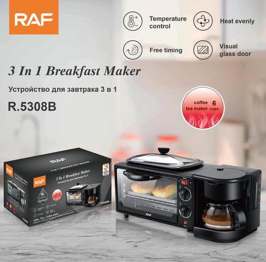Estación de Desayuno 3-en-1: Cafetera + Horno Tostador + Plancha/Omelette | Mini Horno Eléctrico Multifuncional Automático para el Hogar