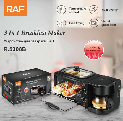 Estación de Desayuno 3-en-1: Cafetera + Horno Tostador + Plancha/Omelette | Mini Horno Eléctrico Multifuncional Automático para el Hogar