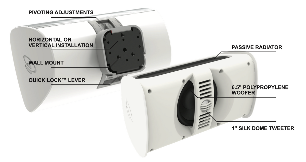 Altavoz Exterior | 2 Vías | Controlador de 6,5" | Tweeter de 1" | Radiador que Mejora los Graves | Tecnología de Montaje de Bloqueo Rápido | 120 W |