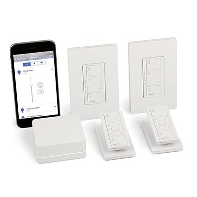 Kit de inicio de iluminación inteligente con hub Smart Bridge, 2 atenuadores de pared sin neutro, 2 controles Pico con pedestal de mesa y 2 placas