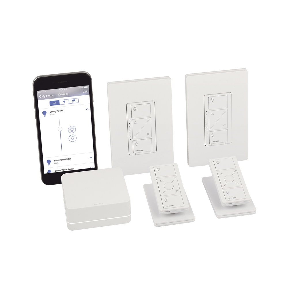Kit de inicio de iluminación inteligente con hub Smart Bridge, 2 atenuadores de pared sin neutro, 2 controles Pico con pedestal de mesa y 2 placas