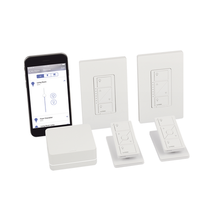 Kit de inicio de iluminación inteligente con hub Smart Bridge, 2 atenuadores de pared sin neutro, 2 controles Pico con pedestal de mesa y 2 placas