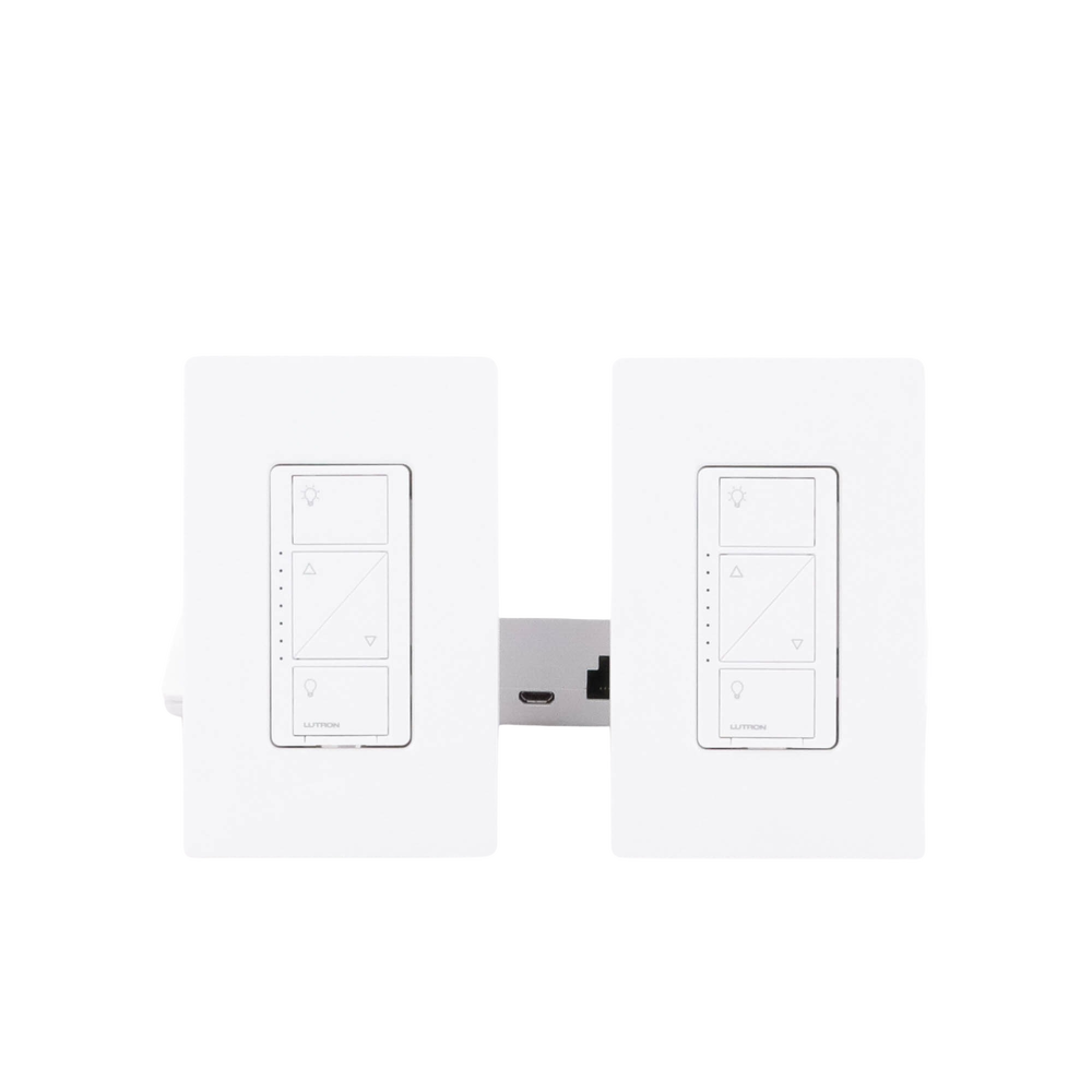 Kit de inicio de iluminación inteligente con hub Smart Bridge, 2 atenuadores de pared sin neutro, 2 controles Pico con pedestal de mesa y 2 placas