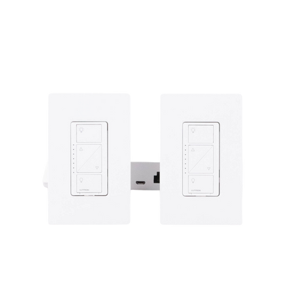 Kit de inicio de iluminación inteligente con hub Smart Bridge, 2 atenuadores de pared sin neutro, 2 controles Pico con pedestal de mesa y 2 placas