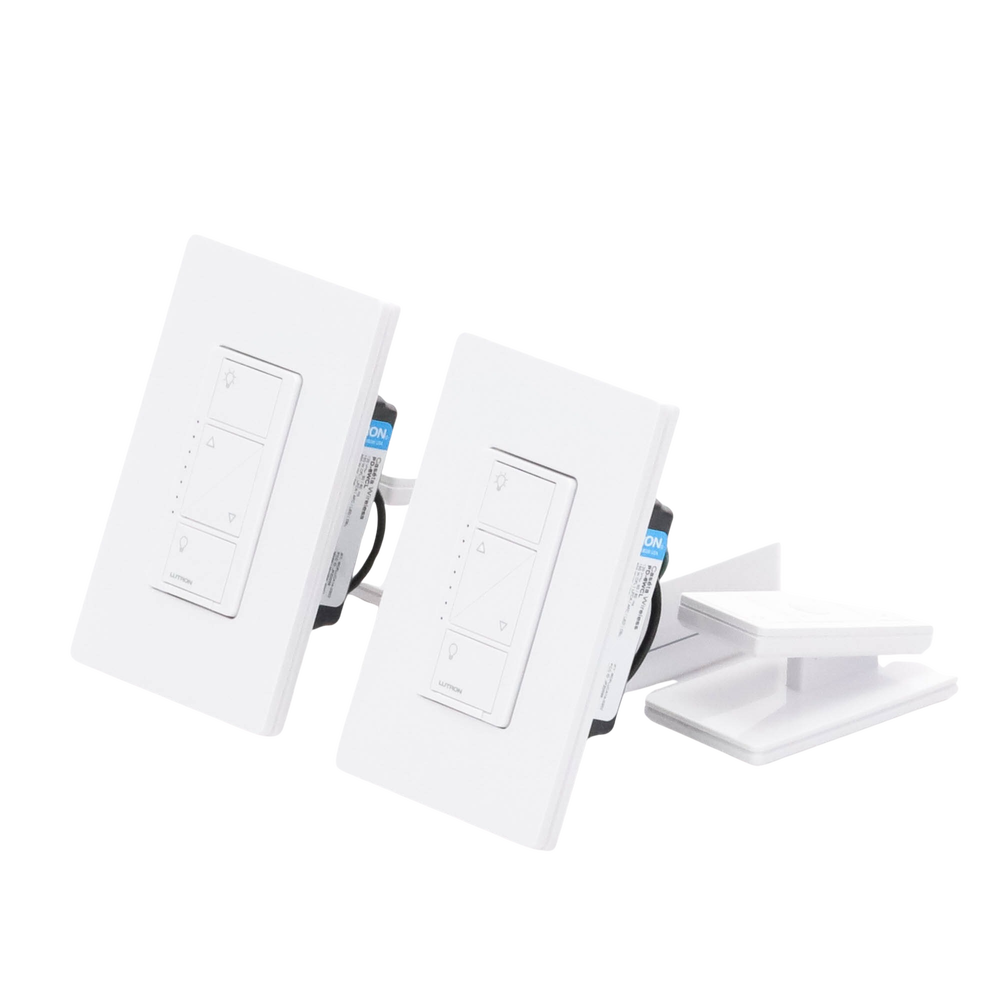 Kit de inicio de iluminación inteligente con hub Smart Bridge, 2 atenuadores de pared sin neutro, 2 controles Pico con pedestal de mesa y 2 placas