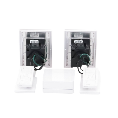 Kit de inicio de iluminación inteligente con hub Smart Bridge, 2 atenuadores de pared sin neutro, 2 controles Pico con pedestal de mesa y 2 placas