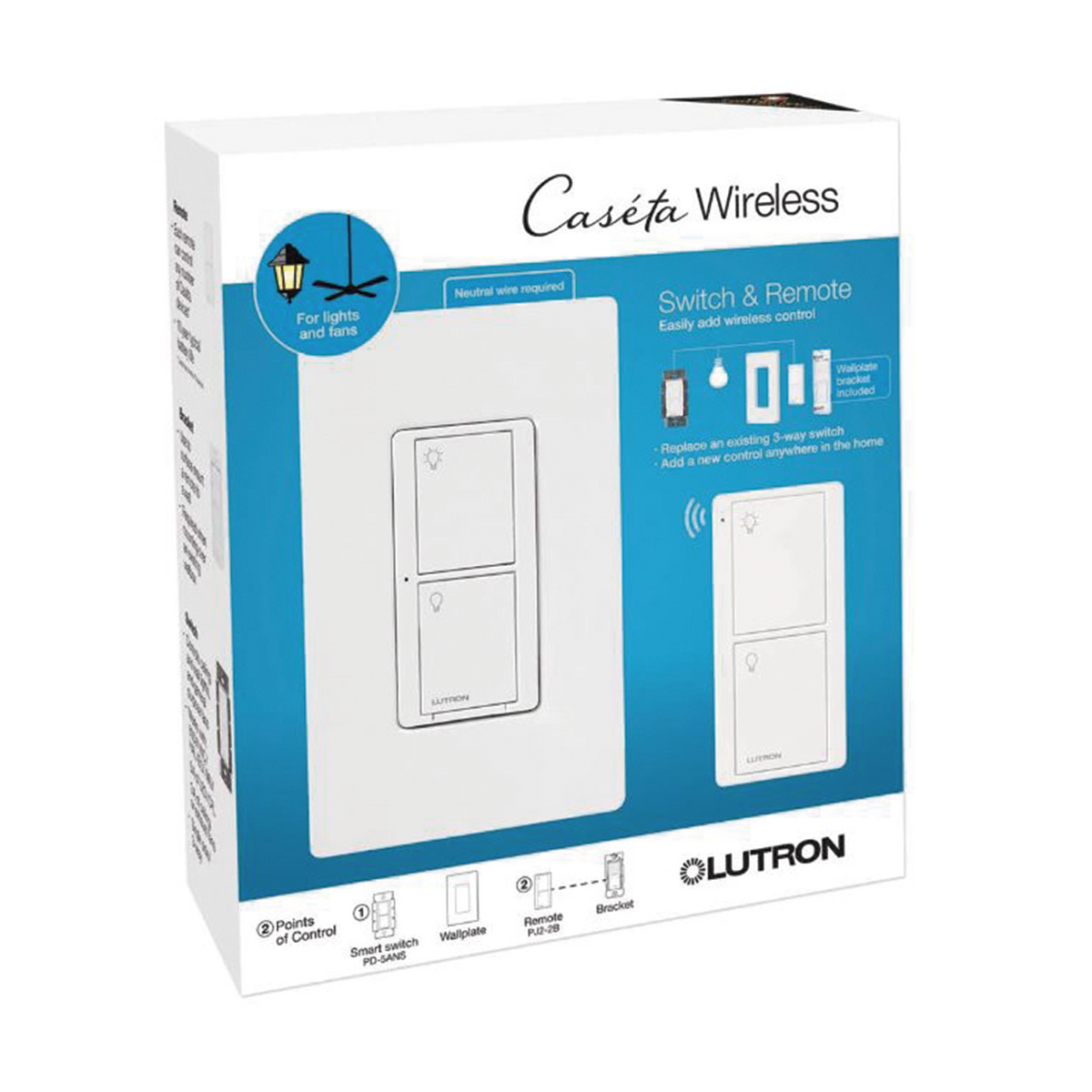 Kit de interruptor de pared Caseta Wireless de 5 A para todo tipo de focos y ventiladores, con control Pico de 2 botones, adaptador de montaje y
