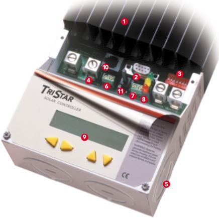 Controlador de Carga Solar TriStar PWM 60 A / 12V 24V 48V / Puerto RS-232 / Hasta 4 kW / Disipador de Calor / 7 Preajustes