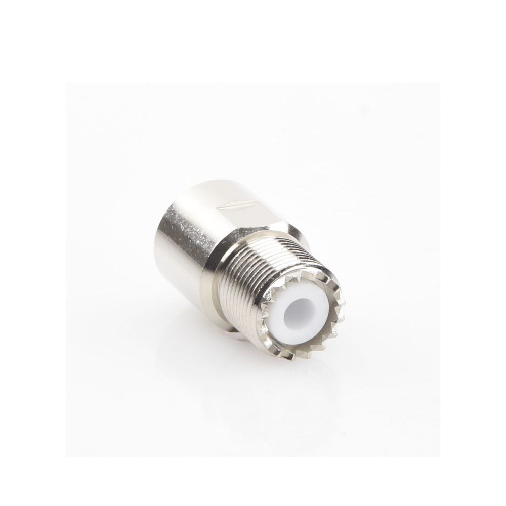 Conector UHF Hembra (SO-239) en Línea de Rosca para RG-8/U, 9913, LMR-400, Níquel/ Plata/ Teflón