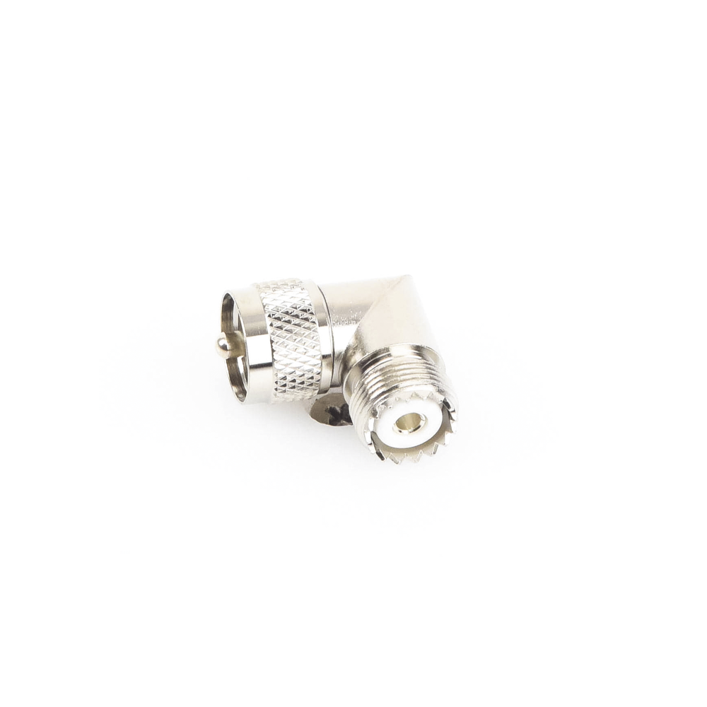 Adaptador en Ángulo Recto, de Conector UHF Macho (PL-259) a UHF Hembra (SO-239), Níquel/ Oro/ Delrin