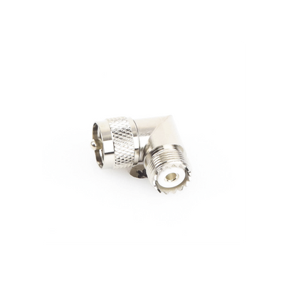 Adaptador en Ángulo Recto, de Conector UHF Macho (PL-259) a UHF Hembra (SO-239), Níquel/ Oro/ Delrin