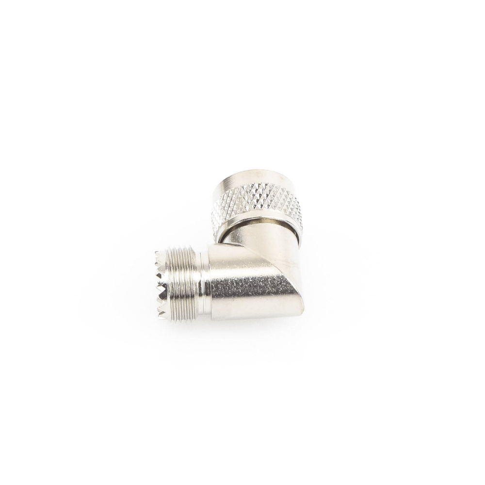 Adaptador en Ángulo Recto, de Conector UHF Macho (PL-259) a UHF Hembra (SO-239), Níquel/ Oro/ Delrin