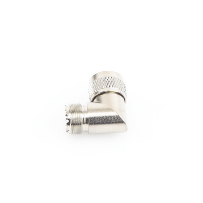 Adaptador en Ángulo Recto, de Conector UHF Macho (PL-259) a UHF Hembra (SO-239), Níquel/ Oro/ Delrin
