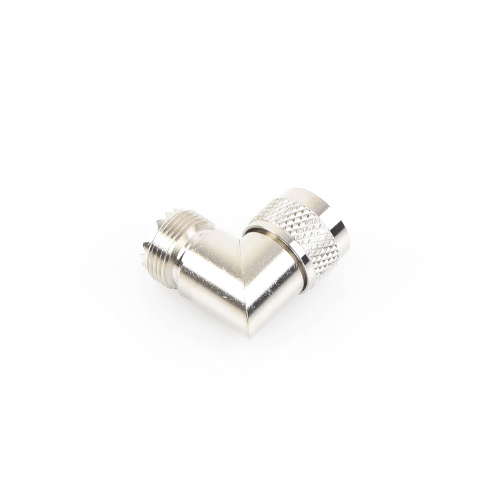 Adaptador en Ángulo Recto, de Conector UHF Macho (PL-259) a UHF Hembra (SO-239), Níquel/ Oro/ Delrin