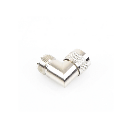 Adaptador en Ángulo Recto, de Conector UHF Macho (PL-259) a UHF Hembra (SO-239), Níquel/ Oro/ Delrin