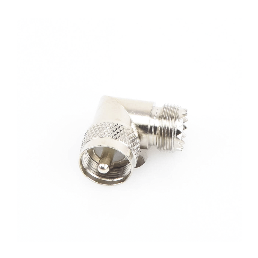 Adaptador en Ángulo Recto, de Conector UHF Macho (PL-259) a UHF Hembra (SO-239), Níquel/ Oro/ Delrin