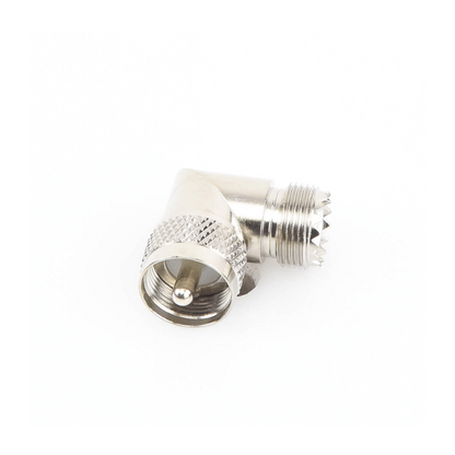 Adaptador en Ángulo Recto, de Conector UHF Macho (PL-259) a UHF Hembra (SO-239), Níquel/ Oro/ Delrin
