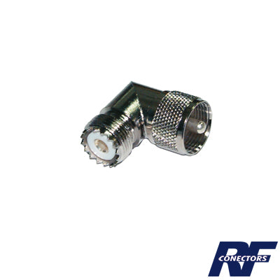 Adaptador en Ángulo Recto, de Conector UHF Macho (PL-259) a UHF Hembra (SO-239), Níquel/ Oro/ Delrin