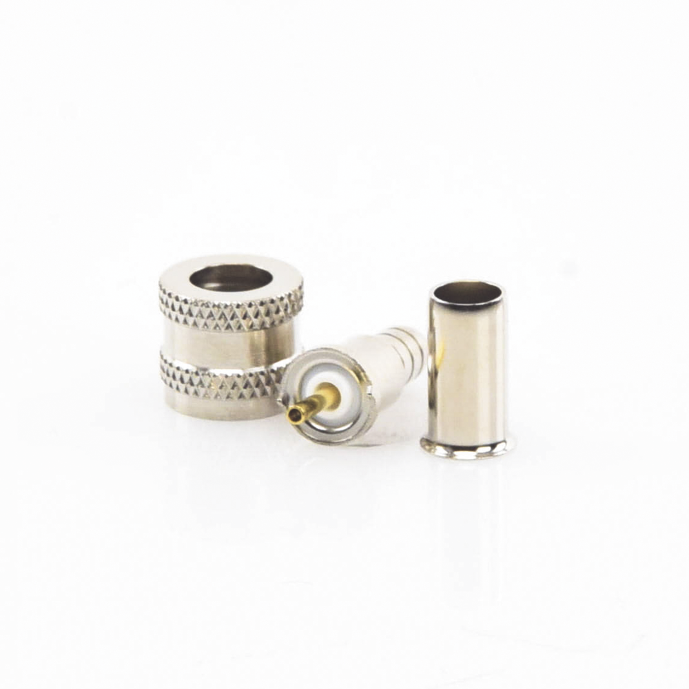 Conector Mini UHF Macho, 50 Ohm, de Anillo Plegable para Cables RG-58/U, RG-142/U, Niquel/Oro/Delrin