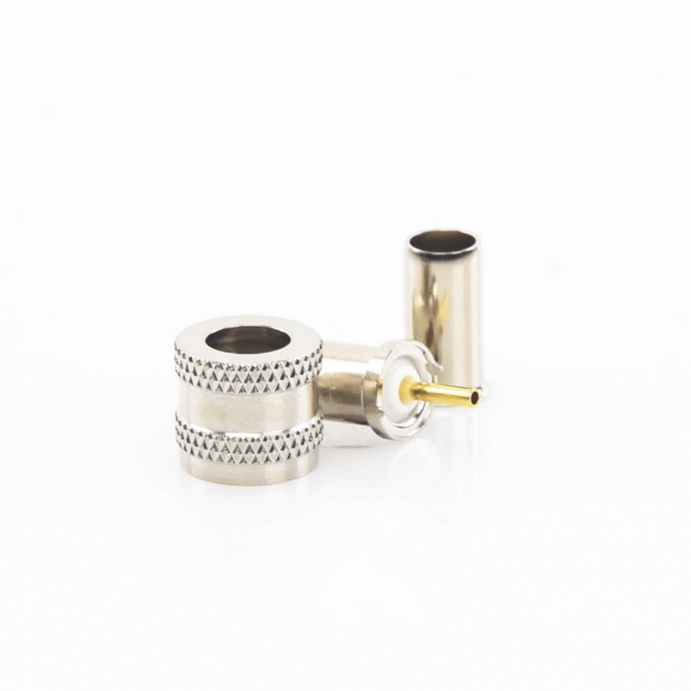 Conector Mini UHF Macho, 50 Ohm, de Anillo Plegable para Cables RG-58/U, RG-142/U, Niquel/Oro/Delrin