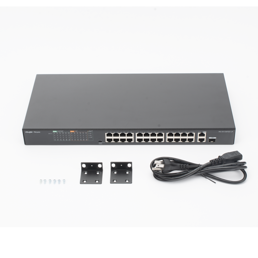 Switch PoE+ no Administrable, hasta 180 Watts Ideal para CCTV, 24 Puertos 10/100 PoE+, 2 Uplinks Gigabit (1 SFP COMBO)