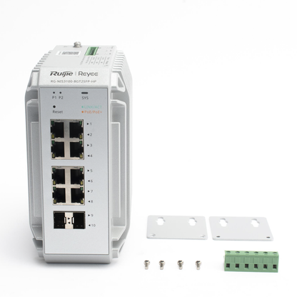 Switch Industrial PoE, Ideal para temperaturas Extremas y protección contra descargas, 8 puertos Gigabit PoE 802.3af/at + 2 SFP para fibra 1Gb