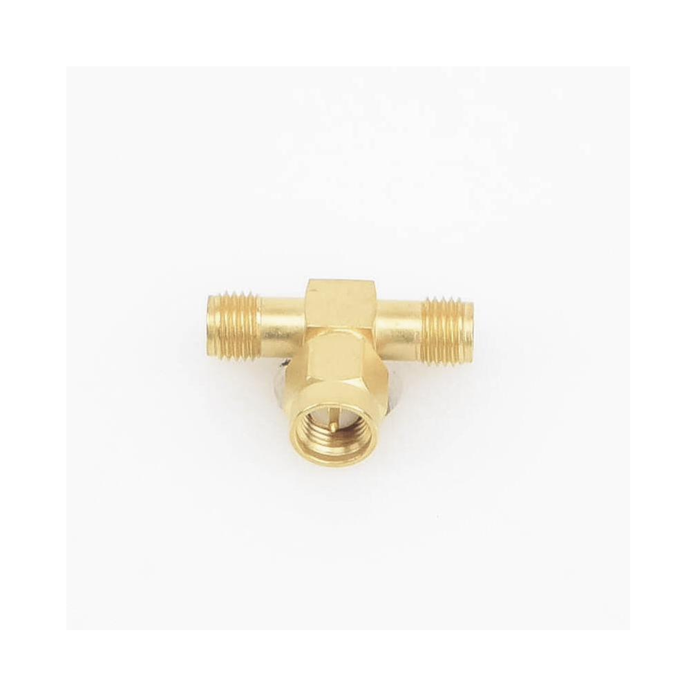 Adaptador en T, de Conector SMA Macho a Doble SMA Hembras, Oro/ Oro/ Teflón
