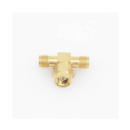 Adaptador en T, de Conector SMA Macho a Doble SMA Hembras, Oro/ Oro/ Teflón
