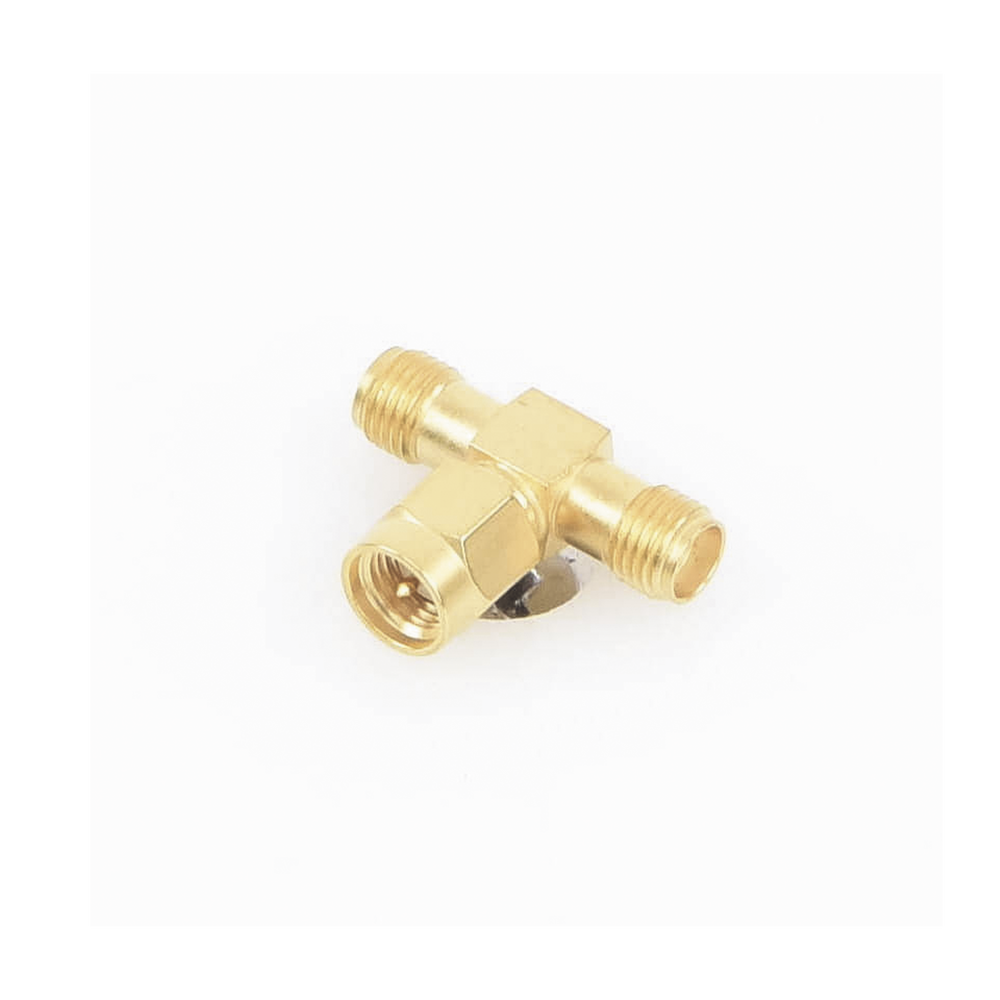 Adaptador en T, de Conector SMA Macho a Doble SMA Hembras, Oro/ Oro/ Teflón