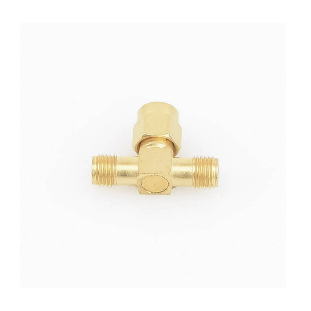 Adaptador en T, de Conector SMA Macho a Doble SMA Hembras, Oro/ Oro/ Teflón