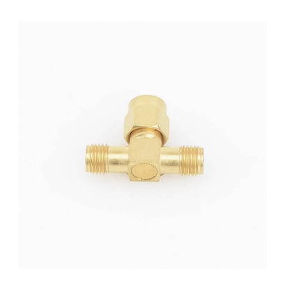 Adaptador en T, de Conector SMA Macho a Doble SMA Hembras, Oro/ Oro/ Teflón