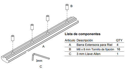 Barras de extensión de riel de aluminio