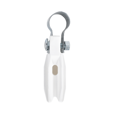 Aislador de Paso o Esquina Blanco con Abrazadera / 1 Pulgada (25 mm) / Resina Virgen 100% / Anti-Arqueo / Acero Galvanizado / Poste Cerco Eléctrico