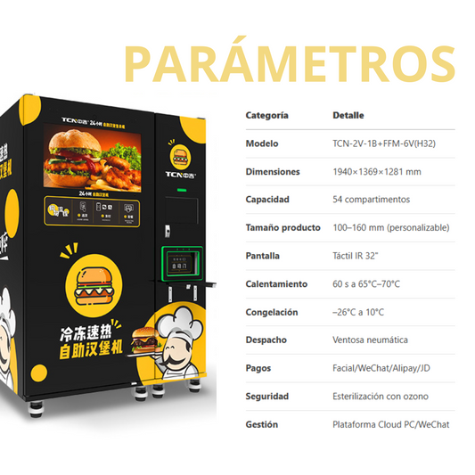 Máquina expendedora de hamburguesas, con sistema de congelador y de calentamiento Ultrarápido