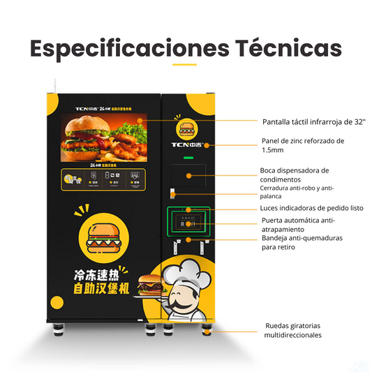 Máquina expendedora de hamburguesas, con sistema de congelador y de calentamiento Ultrarápido