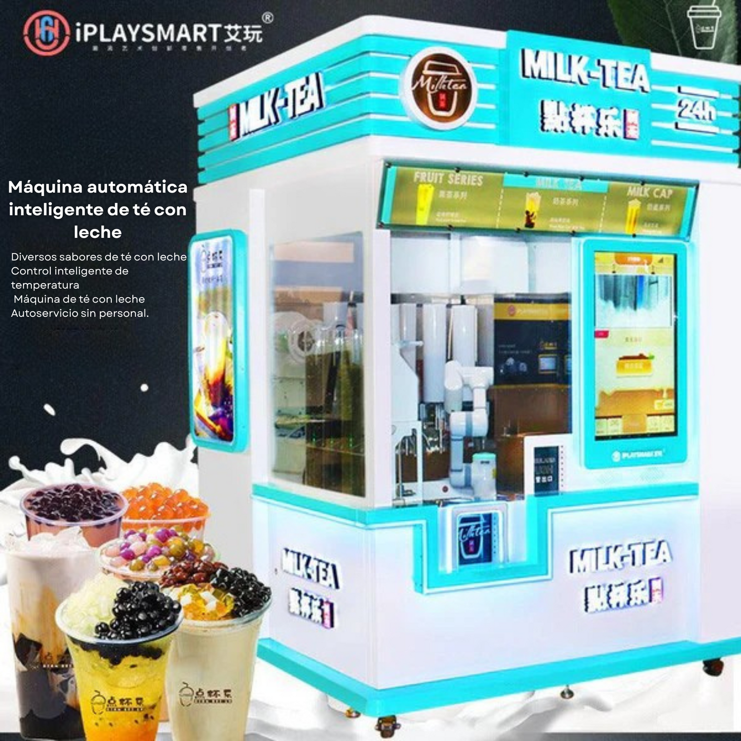 Local movil con maquina expendedora de bebidas con tapioca, té con leche, de brazo robótico automatizado 24/7