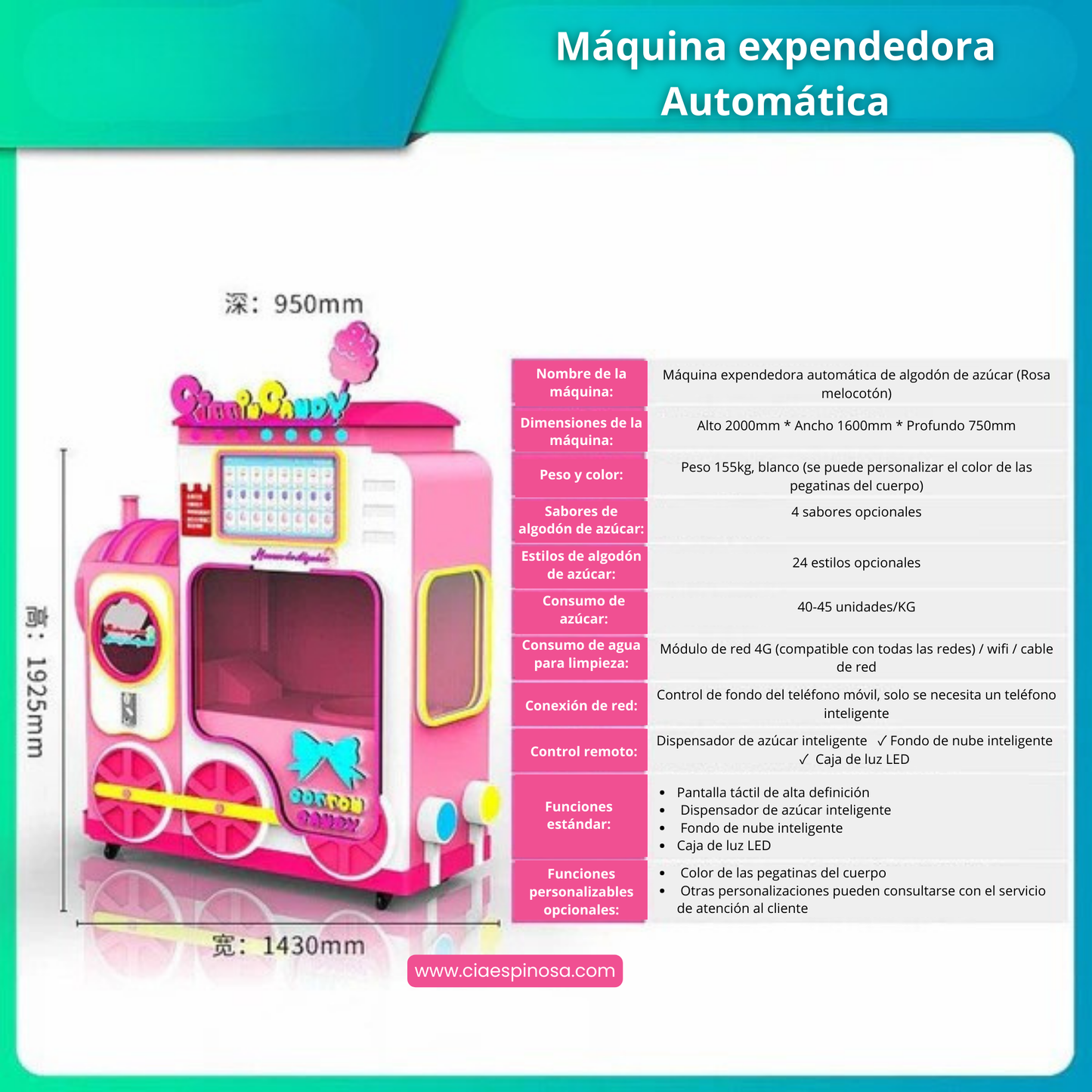 Maquina expendedora de malvaviscos y algodon de azúcar 24/7