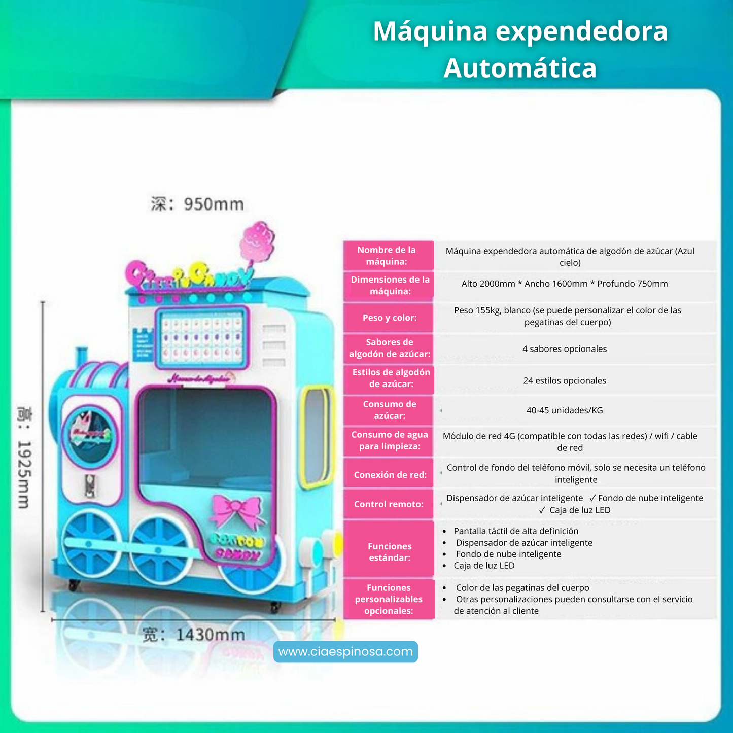 Maquina expendedora de malvaviscos y algodon de azúcar 24/7