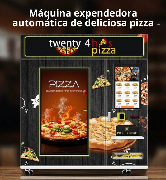 Máquina expendedora de pizza,  con refiregacion y calefacción automática inteligente las 24 horas y horneado comercial, acepta monedas, billetes y tarjetas