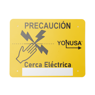 Letrero de PRECAUCION para cercas electrificadas (21.8 x 17 cm) / Estireno Serigrafiado 2 Tintas / Protección UV / 4 Perforaciones