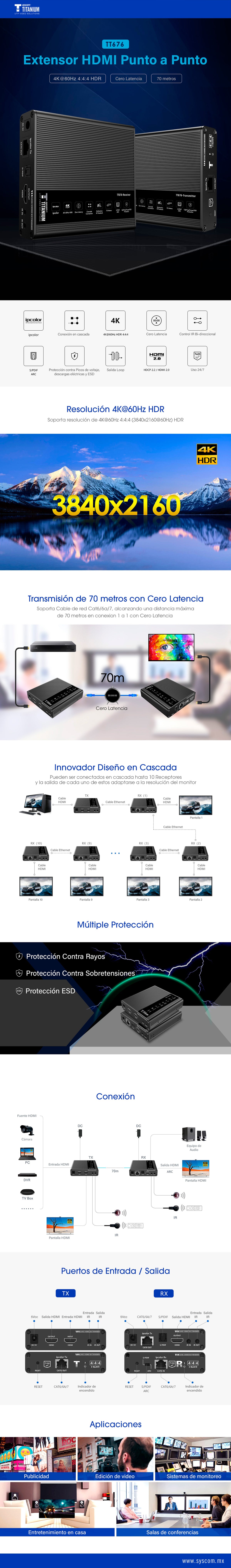Kit Extensor HDMI hasta 700 metros con Conexión en Cascada / 4K @ 60 Hz/ 70 metros PTP con Cat 6, 6a y 7 / IPCOLOR / CERO LATENCIA / SIN COMPRIMIR