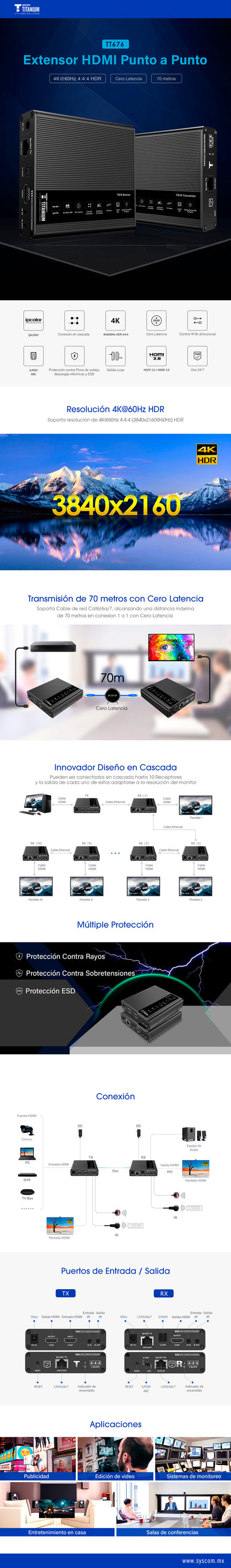 Kit Extensor HDMI hasta 700 metros con Conexión en Cascada / 4K @ 60 Hz/ 70 metros PTP con Cat 6, 6a y 7 / IPCOLOR / CERO LATENCIA / SIN COMPRIMIR