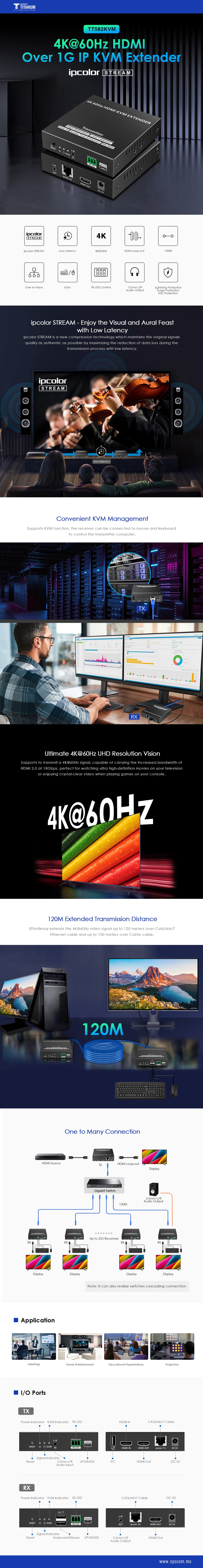 Receptor Compatible para Kit TT582-KVM |4K @60Hz | Cat 6, 6a y 7 | hasta 150 metros | Transmite el Video y Controla tu DVR vía USB a distancia