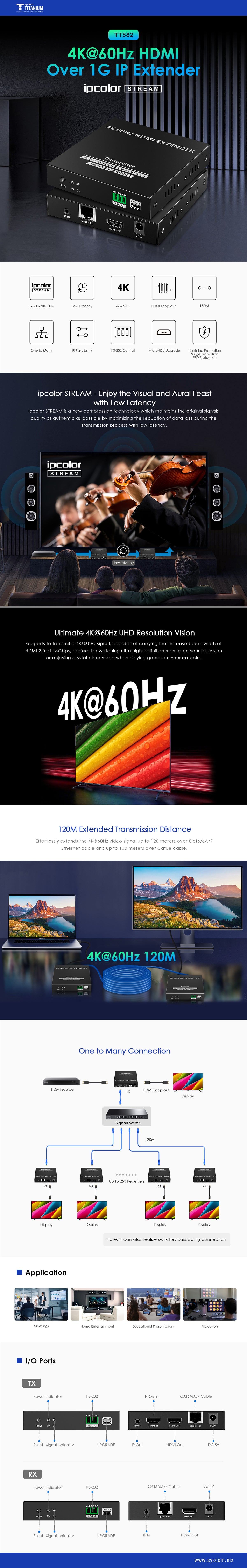 Kit Extensor HDMI para distancias de 120 metros | Soporta resolución 4K @60Hz | Cat 6, 6a y 7 | Salida Loop en el Tx para visualización local |