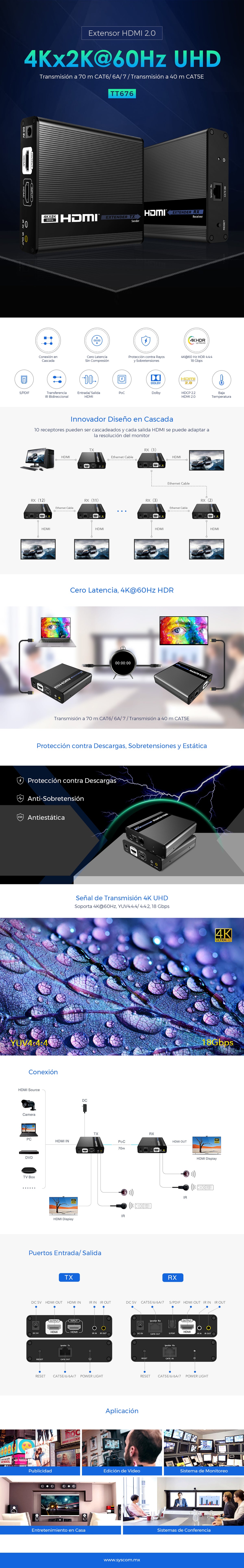 Receptor Compatible para Kits TT- 676 / 4K@60Hz con IR / Distancia de 70 Metros / Conexión en Cascada de hasta 10 Receptores con TT676.