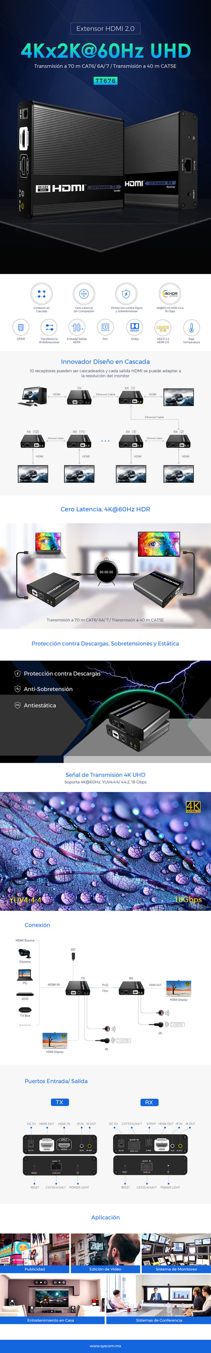 Receptor Compatible para Kits TT- 676 / 4K@60Hz con IR / Distancia de 70 Metros / Conexión en Cascada de hasta 10 Receptores con TT676.