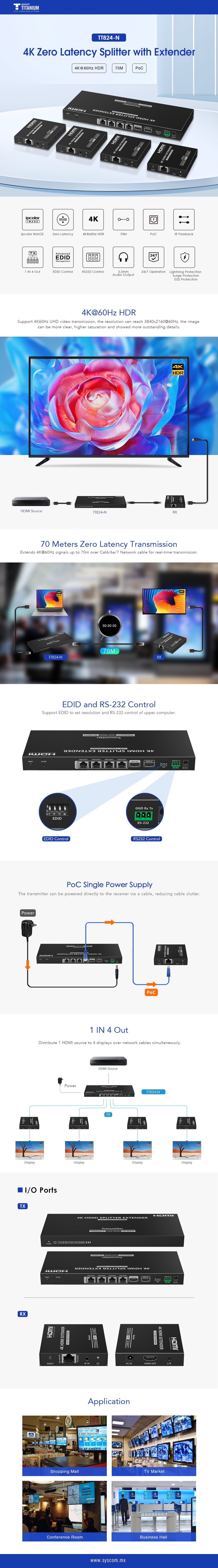 Kit Divisor y Extensor HDMI | 1x4 | Hasta 70 m |Resolución 4K @ 60 Hz | Cat 6/6a/7 | IPCOLOR | CERO LATENCIA | EDID | RS232 | Salida Loop / PoC