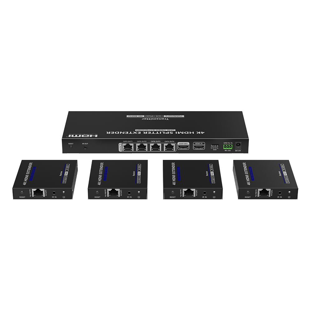 Kit Divisor y Extensor HDMI | 1x4 | Hasta 70 m |Resolución 4K @ 60 Hz | Cat 6/6a/7 | IPCOLOR | CERO LATENCIA | EDID | RS232 | Salida Loop / PoC