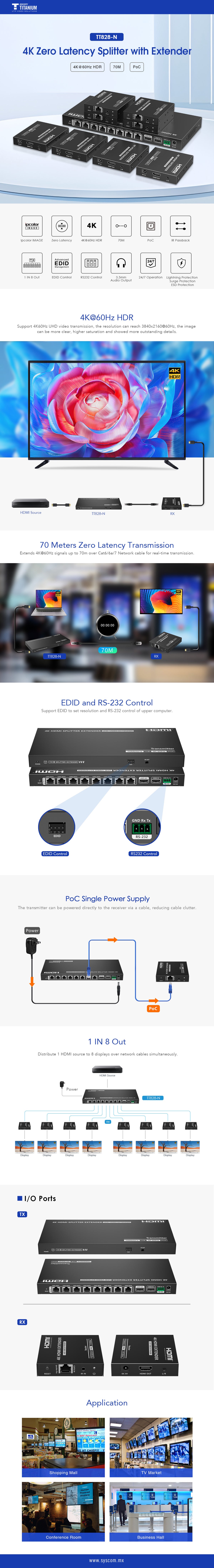 Kit Divisor y Extensor HDMI | 1x8 | Hasta 70 m |Resolución 4K @ 60 Hz | Cat 6/6a/7 | IPCOLOR | CERO LATENCIA | Puerto S/PDIF | EDID | RS232 | Salida