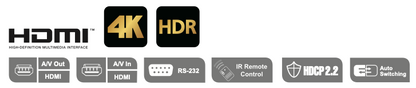Switch HDMI | 8 Entradas x 1 Salida | Resolución True 4K 4:4:4 | Control RS-232 e IR | HDCP 2.2 | HDR10+ | Plug & Play